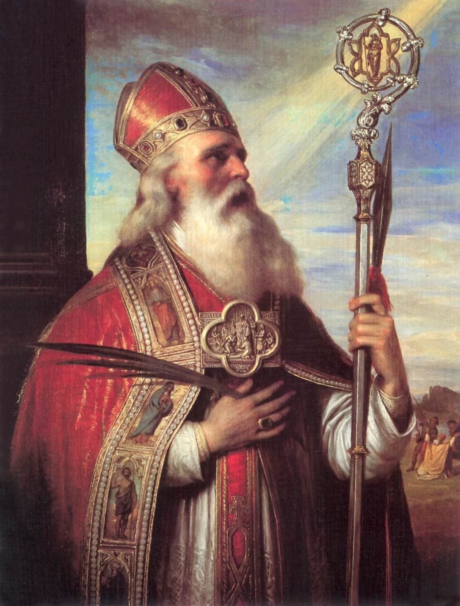 Mihaly Kovacs's 1855 painting of Saint Adalbert of Prague in a mitre and red cope, holding a crozier and a martyr's palm