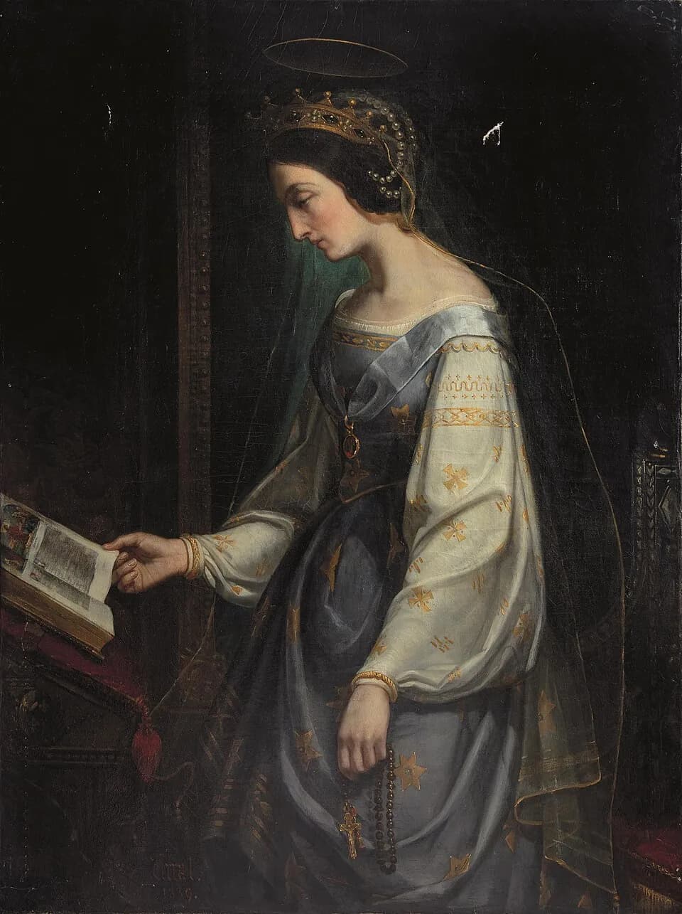 Oil painting of Saint Adelaide in profile, crowned and veiled, with a faint halo, wearing a pale gown with gold crosses and holding a rosary as she turns the page of a book on a lectern