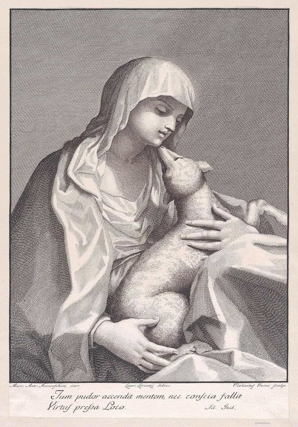 An engraving of Saint Agnes as a young woman in a veil and mantle, eyes lowered, holding a lamb that lifts its head to her face