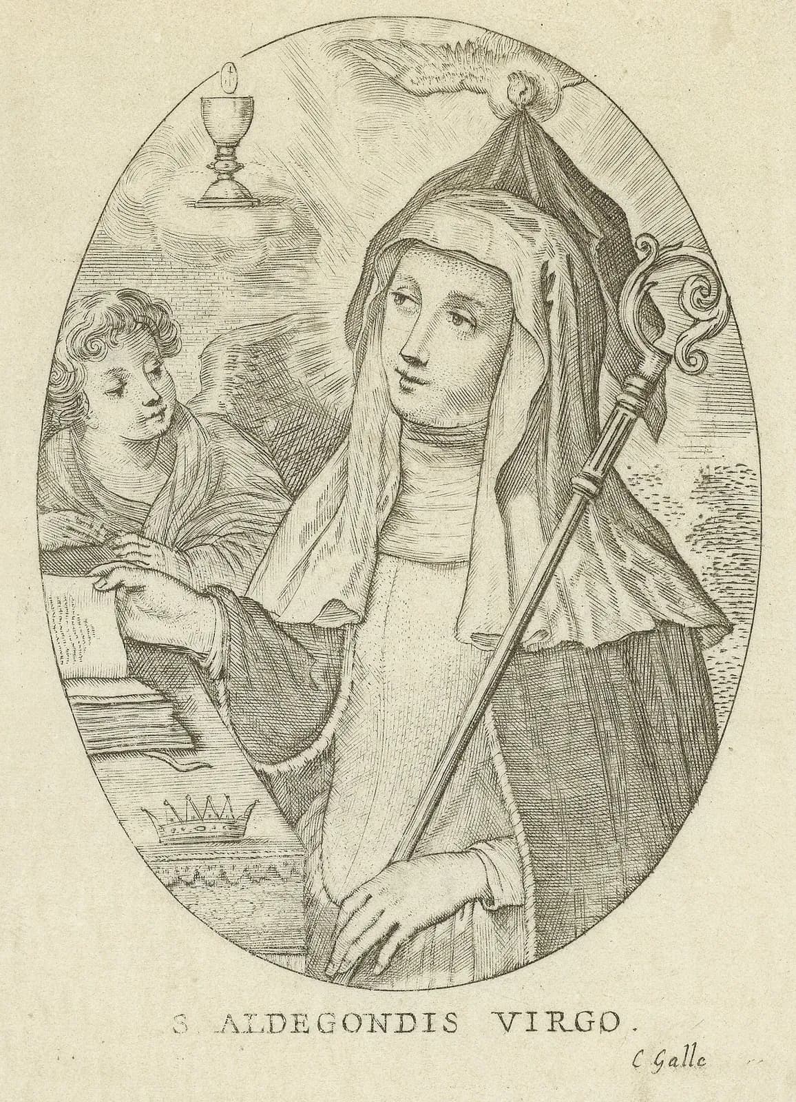 Seventeenth-century engraving in an oval of a young abbess in a veil holding a crozier and turning the page of a book, while a dove in the sky lowers a black veil onto her head, an angel stands at her side, a chalice with the Host floats above, and a crown lies on the table, inscribed S. Aldegondis Virgo