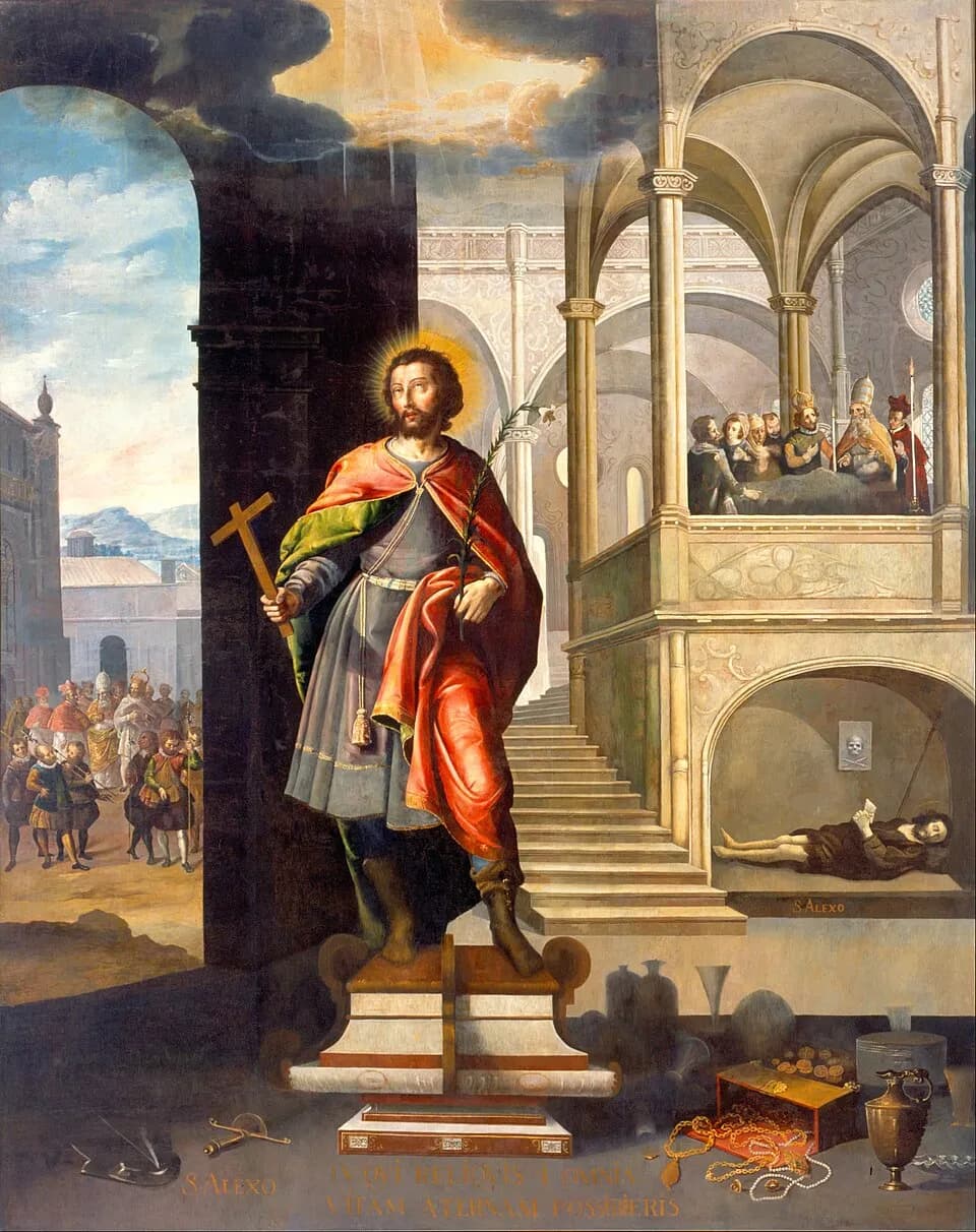 Painting of Saint Alexius standing on a pedestal in a red cloak with a halo, holding a wooden cross and a leafy branch; behind him a man lies under a staircase holding a letter, and above, a pope and others gather around his body