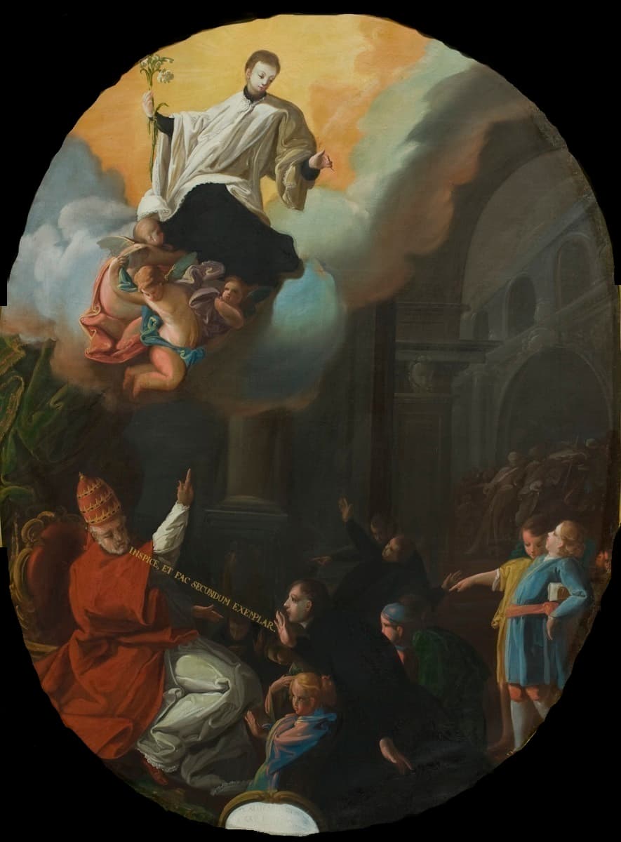 A painting of Saint Aloysius Gonzaga in a white surplice over a black cassock, holding a lily and borne up on clouds above a pope and a crowd of young people