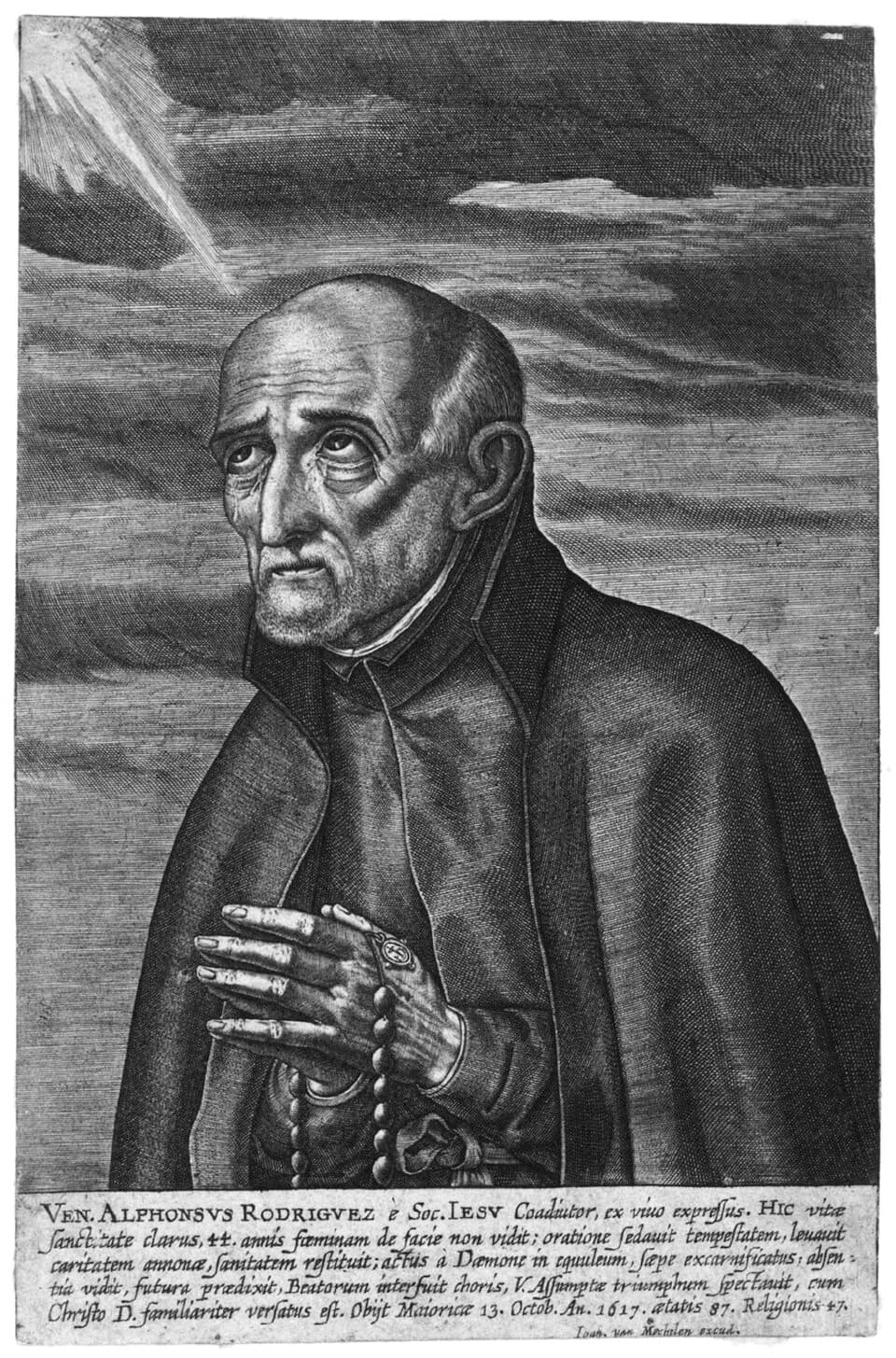 An engraved portrait of Alphonsus Rodriguez as an elderly Jesuit lay brother in a dark cloak, hands folded over a rosary, drawn from life