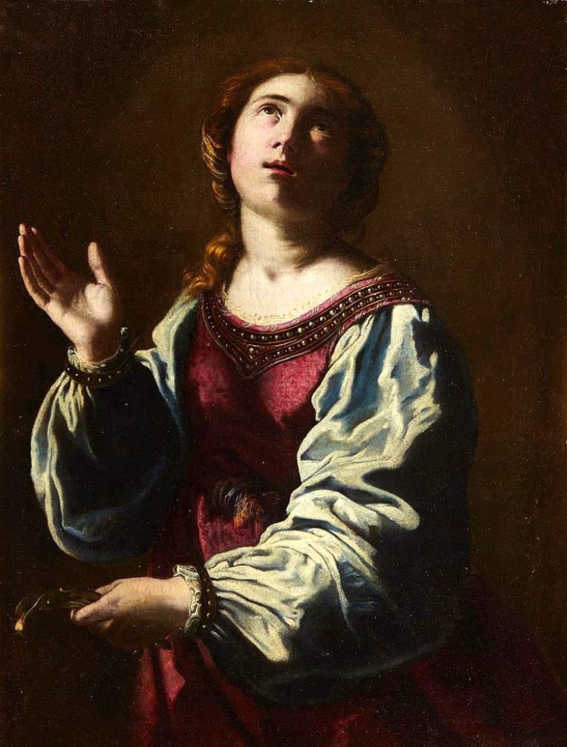 A painting of Saint Apollonia in a crimson gown with white sleeves, looking upward with one hand raised and a tooth held in gold pincers in the other