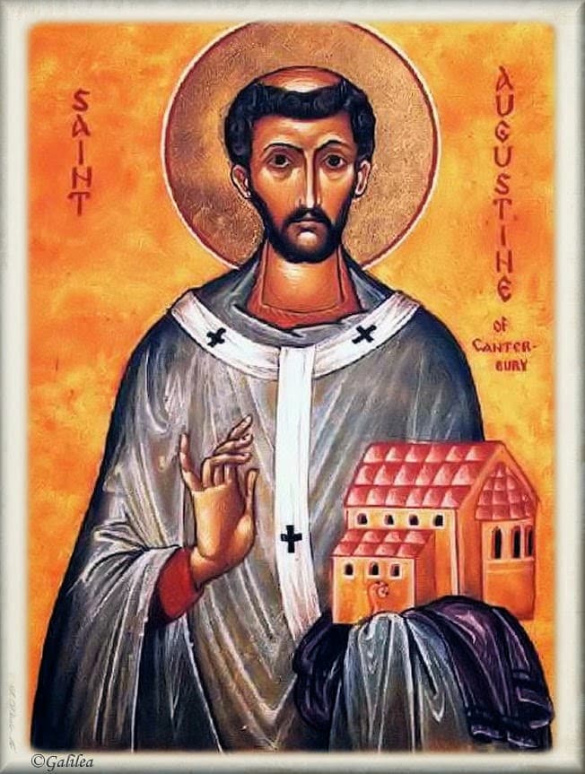 An icon of Augustine of Canterbury in a bishop's pallium, one hand raised in blessing, holding a model of the church he founded at Canterbury