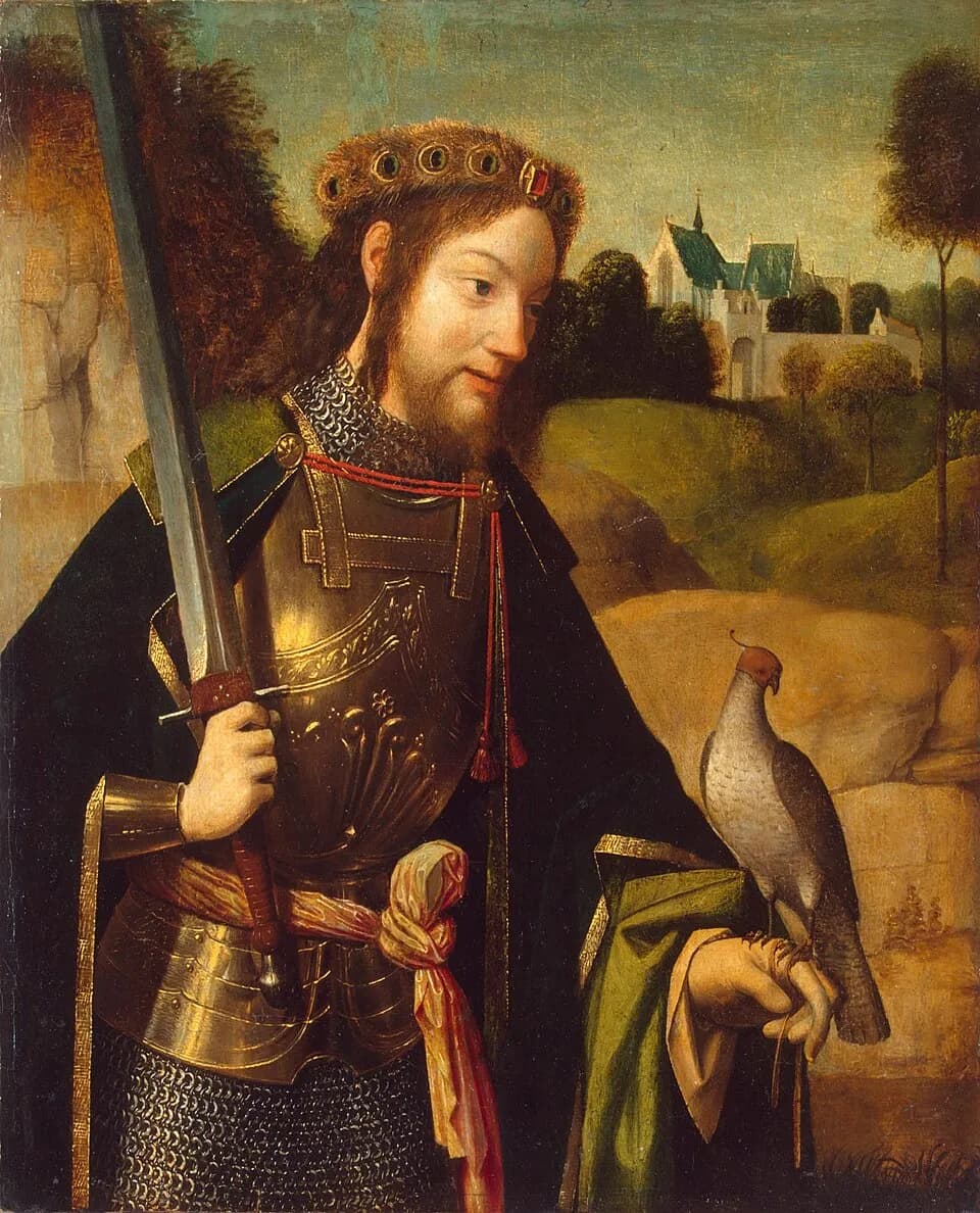 Fifteenth-century Netherlandish painting of a young bearded man in armor and a dark cloak, a jeweled wreath on his long hair, holding a sword upright in one hand and a hooded falcon on the other, with a green landscape and a church behind him
