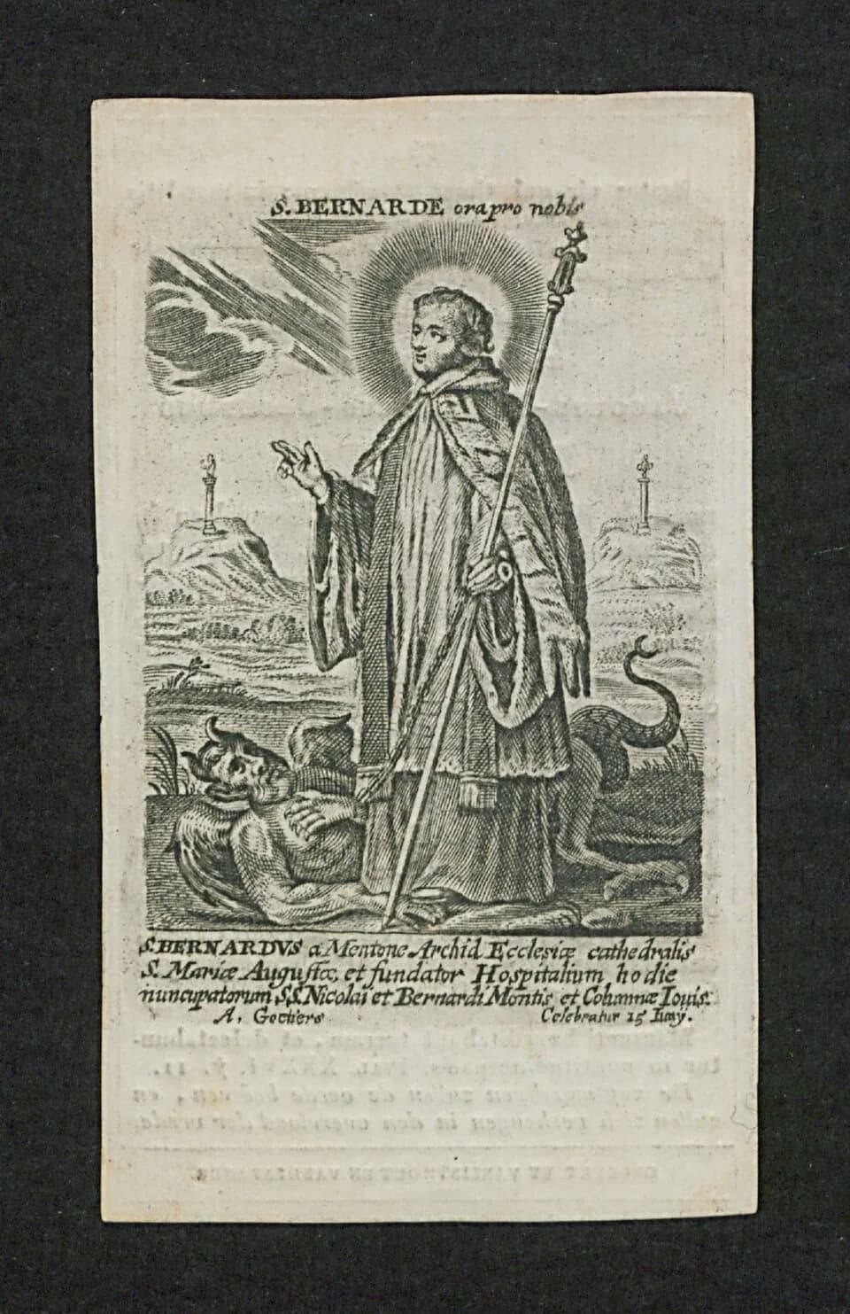 A haloed priest in a fur-lined cape holds a tall staff and raises his hand in blessing, with a chained, horned demon lying at his feet and a column topped by a statue on a hill to either side; a Latin inscription below names him archdeacon of Aosta and founder of the hospices