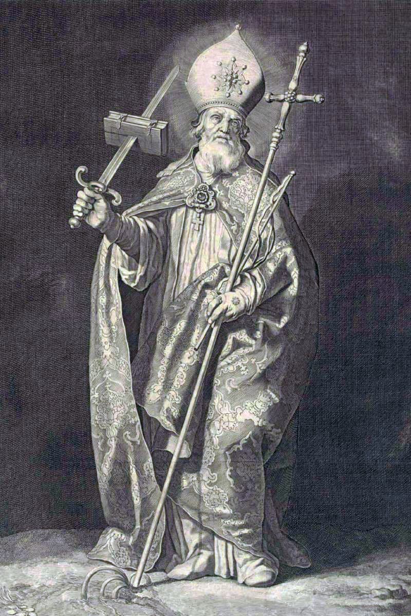 An engraving of Saint Boniface in a mitre and embroidered cope, holding an archbishop's cross-staff in one hand and, in the other, a sword driven through a closed book