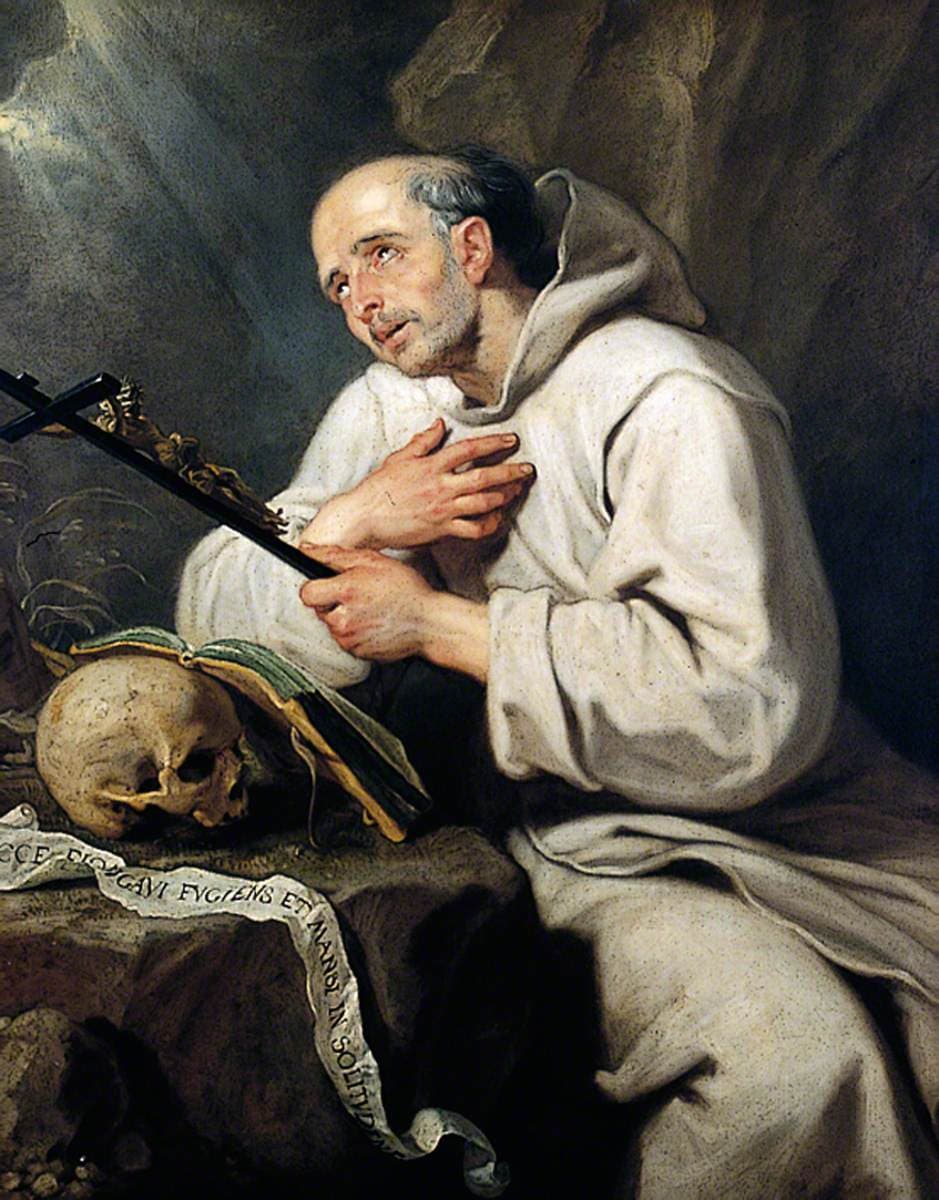 A painting of Saint Bruno kneeling in a rocky cave in the white hooded habit of a Carthusian, clasping a crucifix, with a skull and an open book beside him and a scroll reading Ecce elongavi fugiens et mansi in solitudine