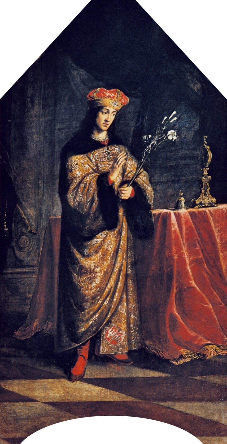 A painting of Saint Casimir as a young prince in a red and gold cap and a fur-lined cloak over gold brocade, holding a lily, with a crown resting on a red-draped table beside him