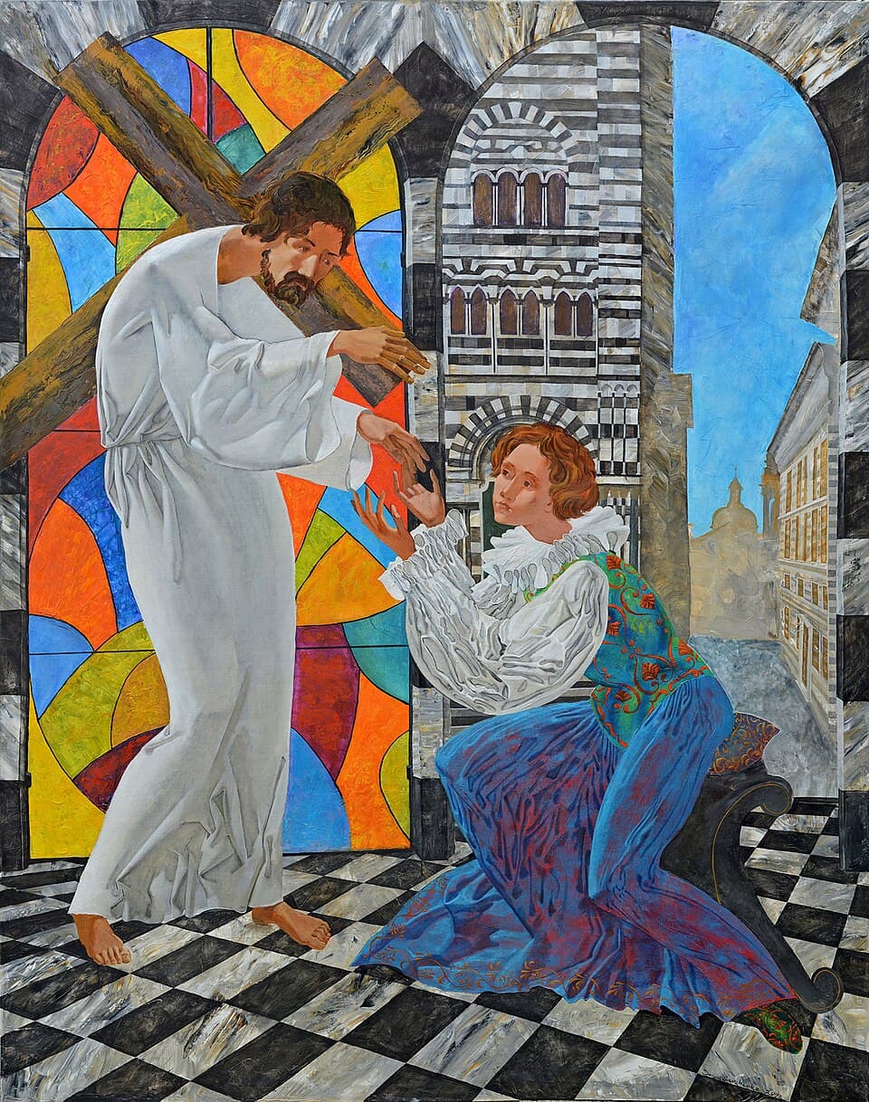 A contemporary painting of Saint Catherine of Genoa kneeling in a blue and gold gown with a white ruff, reaching toward Christ who carries the cross past her, in a doorway of striped Genoese marble