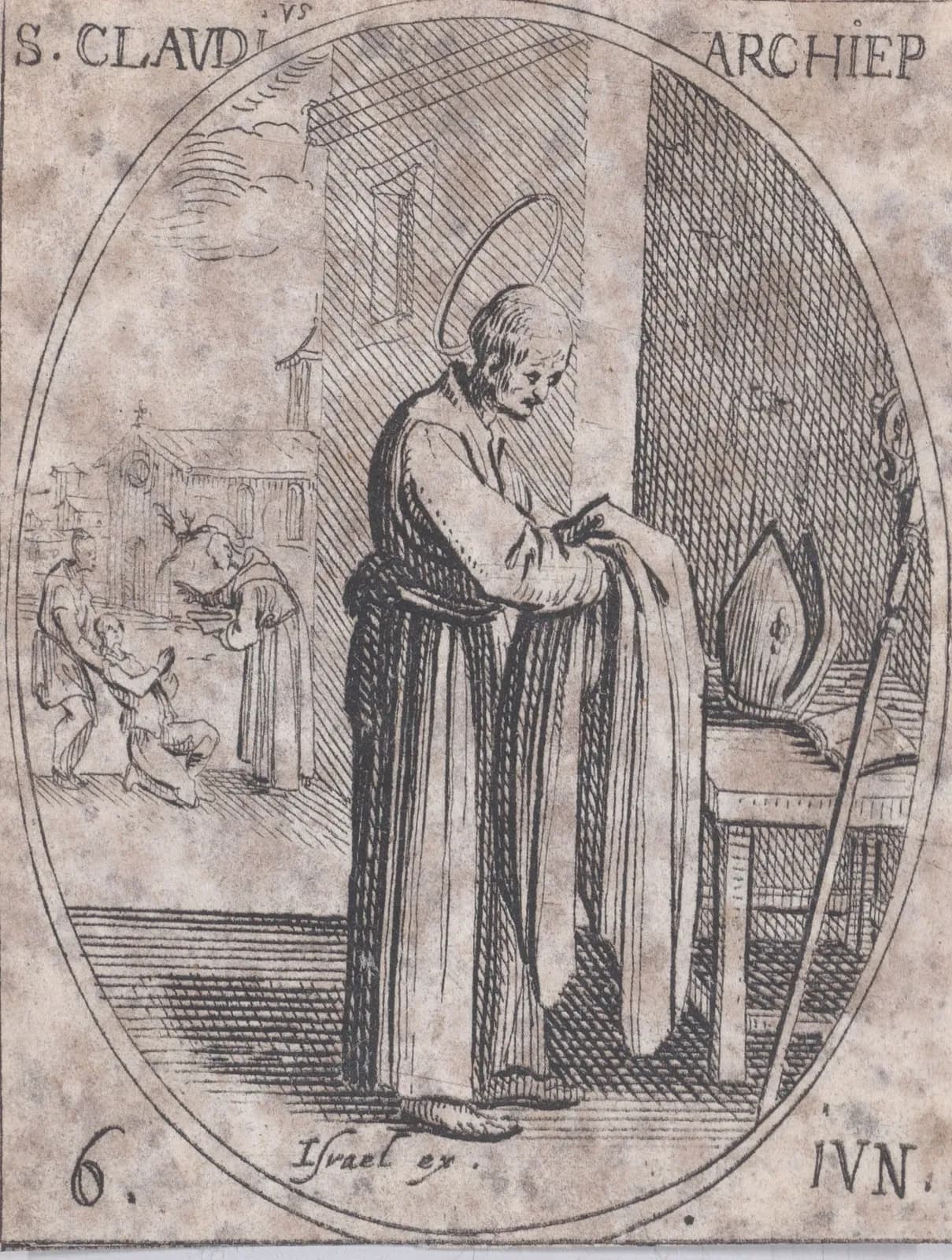 Pequeño aguafuerte del siglo XVII en un marco oval: un anciano con aureola, vestido de monje, de pie con la cabeza inclinada y una larga vestidura en las manos junto a una silla con una mitra y un báculo apoyado; al fondo, ante una iglesia, un monje se inclina hacia un hombre arrodillado al que sostiene otro, con la inscripción S. Claudius Archiep. y 6. Iun.