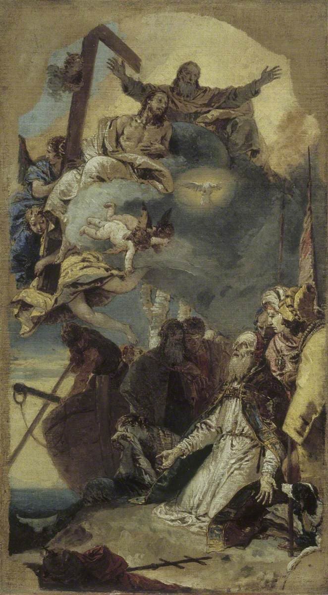 An oil sketch of the martyrdom of Saint Clement, the pope kneeling in white vestments and tiara among soldiers, with a great anchor beside him and the Trinity in the clouds above