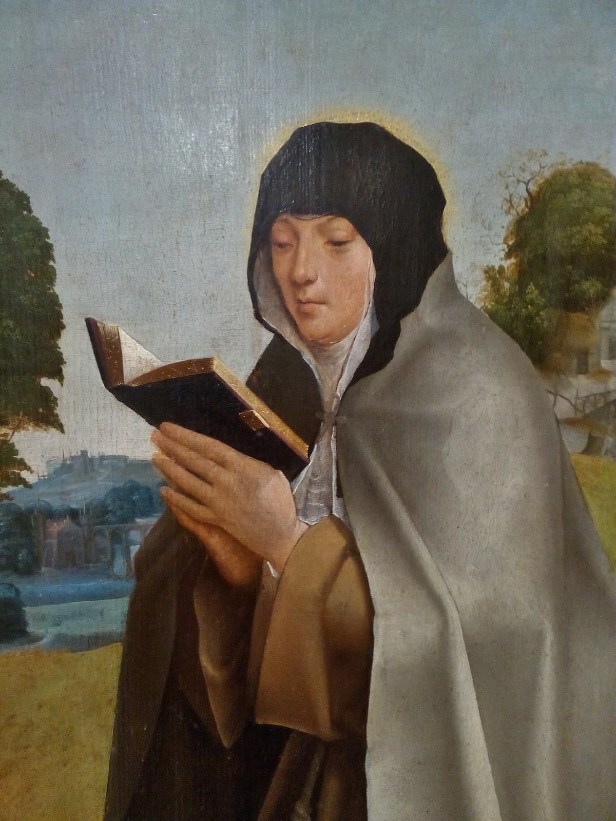 A sixteenth-century panel detail of Colette as a Poor Clare in a black veil and gray mantle over a brown habit, reading an open book, a landscape behind her