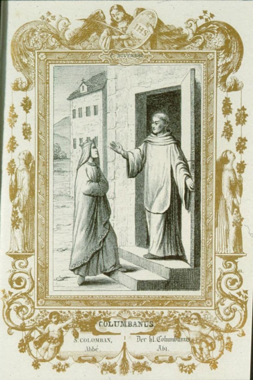 An 1839 lithograph in a decorative gold border, labeled Columbanus, showing the abbot standing in a monastery doorway with one hand raised against a crowned queen who approaches the step