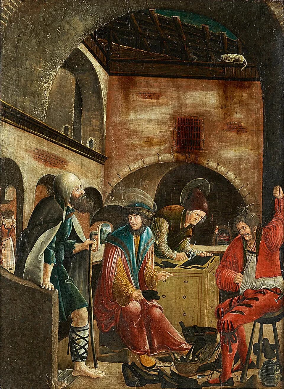 A painted panel of a vaulted shoemaker's workshop: two haloed men, one seated in a red cloak and one leaning over a cutting table with leather, while a bearded barefoot beggar with a staff stands at the left and an apprentice in red sits at the right with shoes on the floor