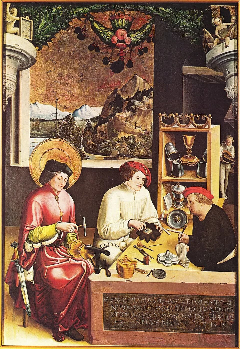 Painting of a goldsmith's workshop: a young man with a gold halo, in a red robe and black cap, hammers a gold vessel at a bench beside two assistants in red caps, with chalices on a shelf behind them and a mountain landscape through the window