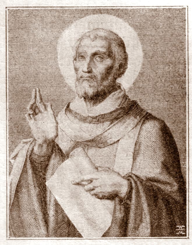 An engraved portrait of Pope Fabian as a haloed figure in a chasuble, one hand raised in blessing, reproduced from a 1900 history of the popes