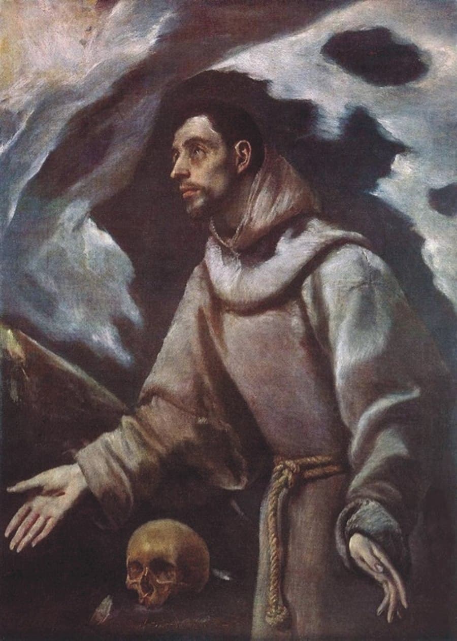 Saint Francis of Assisi in ecstasy, holding a skull, painted by El Greco around 1580