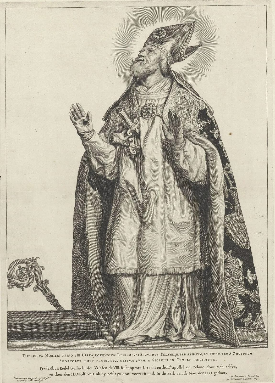 Grabado del siglo XVII de un obispo barbado con aureola, mitra enjoyada y capa ricamente bordada, que mira hacia arriba con las dos manos alzadas, con las empuñaduras de dos espadas clavadas en el pecho y un báculo en el suelo a su lado, y una inscripción en latín y neerlandés debajo