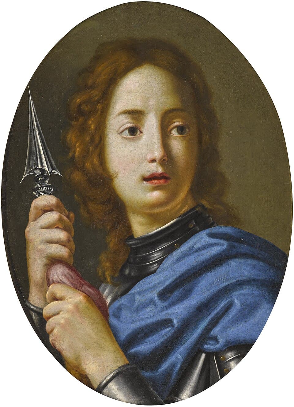 An oval painting of Saint George as a young soldier in steel armor and a blue cloak, long auburn hair, gripping a spear and looking out at the viewer