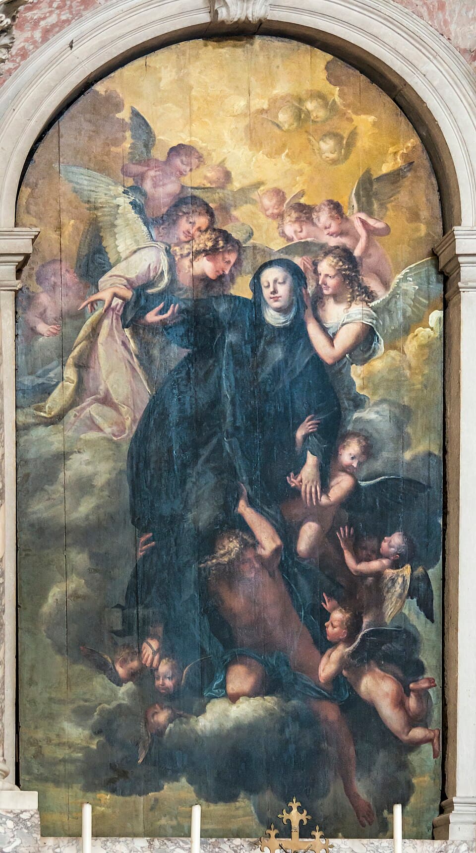 An altarpiece of the ecstasy of Saint Gertrude, the nun in a black Benedictine habit and white wimple borne upward on clouds, eyes closed, supported by angels and surrounded by cherubs
