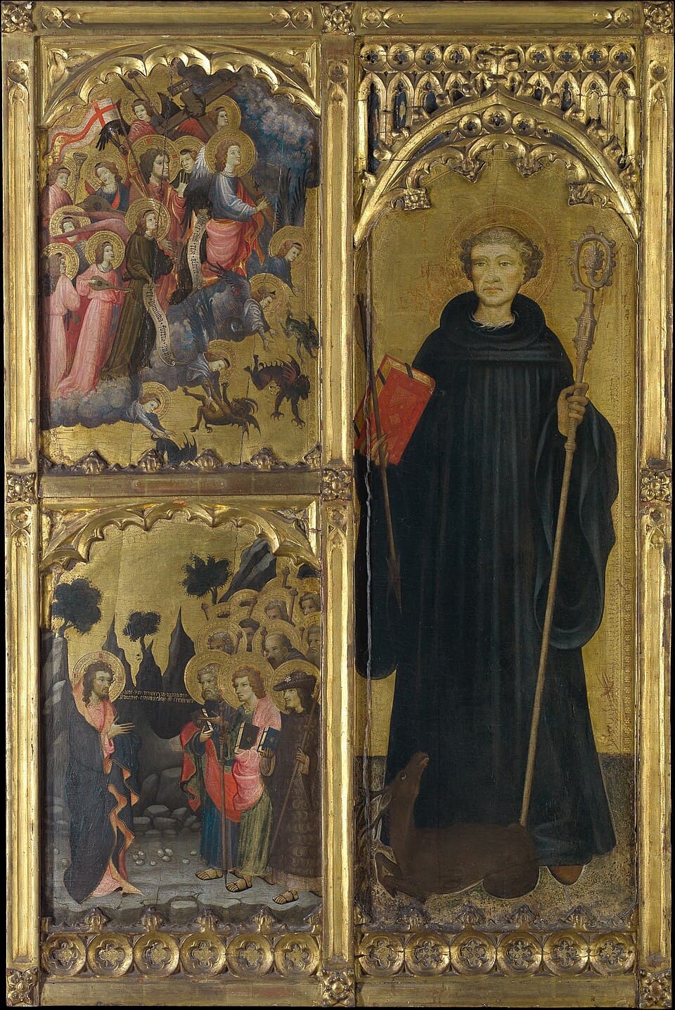 A gilded altarpiece panel of Saint Giles in a black Benedictine habit, holding a crozier and a red book, with a hind standing against his knee, beside two smaller narrative scenes