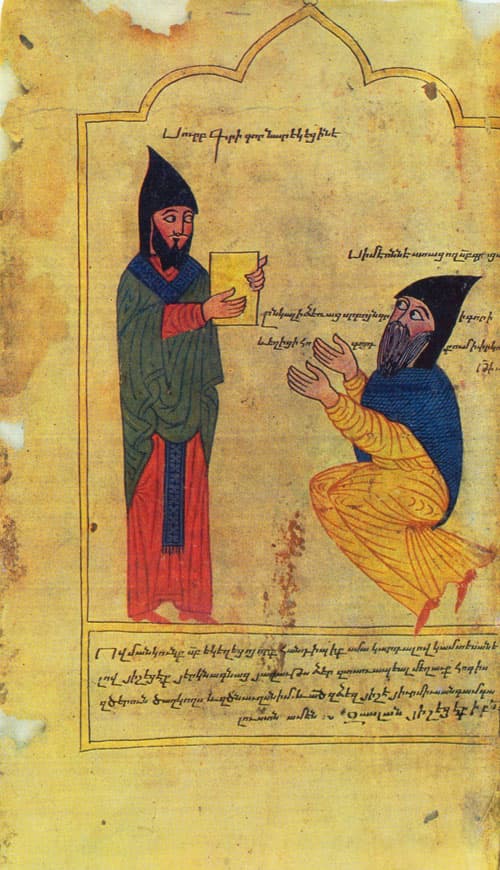 An Armenian manuscript miniature of Gregory of Narek standing in a monastic hood, handing his book to the kneeling patron Simeon