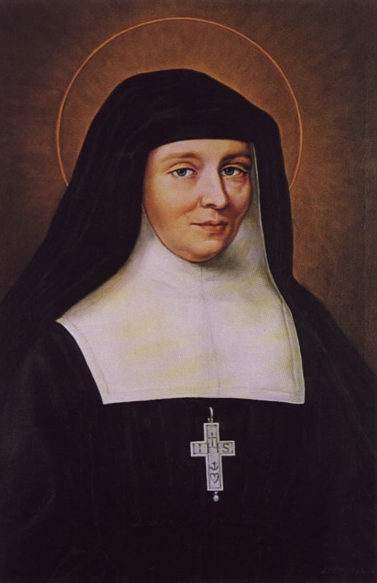 A painted portrait of Jane Frances de Chantal in the black habit and white wimple of the Visitation, a cross at her breast, her face turned slightly to one side