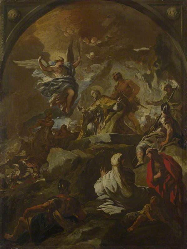 A painting of the martyrdom of Saint Januarius, the mitred bishop standing bound among soldiers and onlookers on rocky ground, with an angel descending through cloud above him