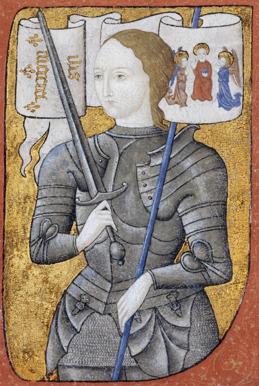 Saint Joan of Arc in armor holding a sword and banner, a fifteenth-century miniature