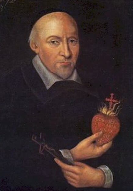 A seventeenth-century painting of Saint John Eudes in a black cassock, holding a flaming heart pierced with a cross