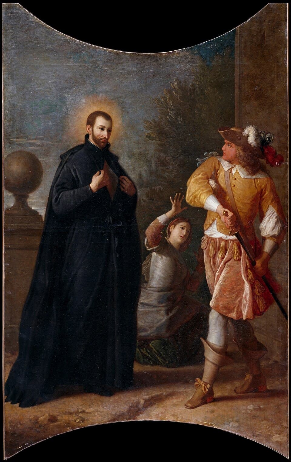 A painting of Saint John Francis Regis in the black cassock and cloak of a Jesuit, a woman kneeling behind him with a hand raised, and an armed man in a plumed hat and sword turning toward him