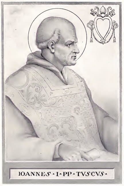 An engraved portrait of Pope John I in a tiara and cope, with the papal keys, lettered IOANNES I PP TVSCVS beneath