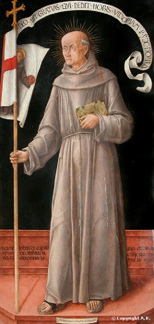 A painting of John of Capistrano as an old Franciscan friar in a brown habit, holding a banner, his face gaunt