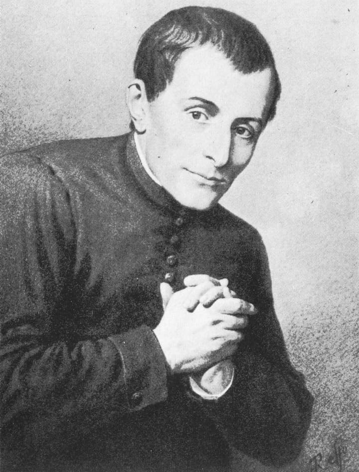 Enrico Reffo's 1895 painted portrait of Saint Joseph Cafasso in a black cassock, a slight figure with his hands joined