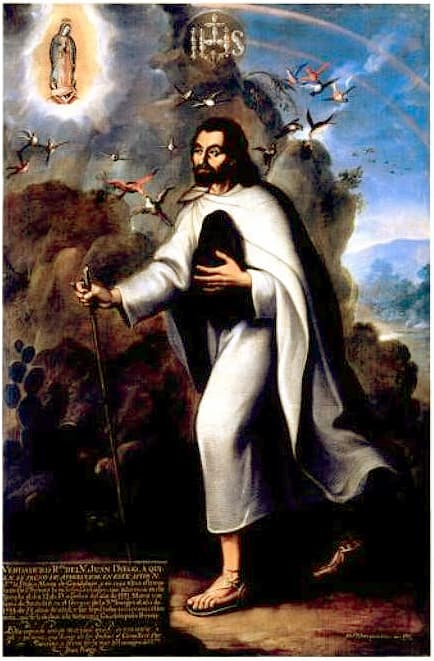 Saint Juan Diego standing in a white tilma with a staff, the image of Our Lady of Guadalupe appearing in a glow of light above his shoulder, painted by Miguel Cabrera