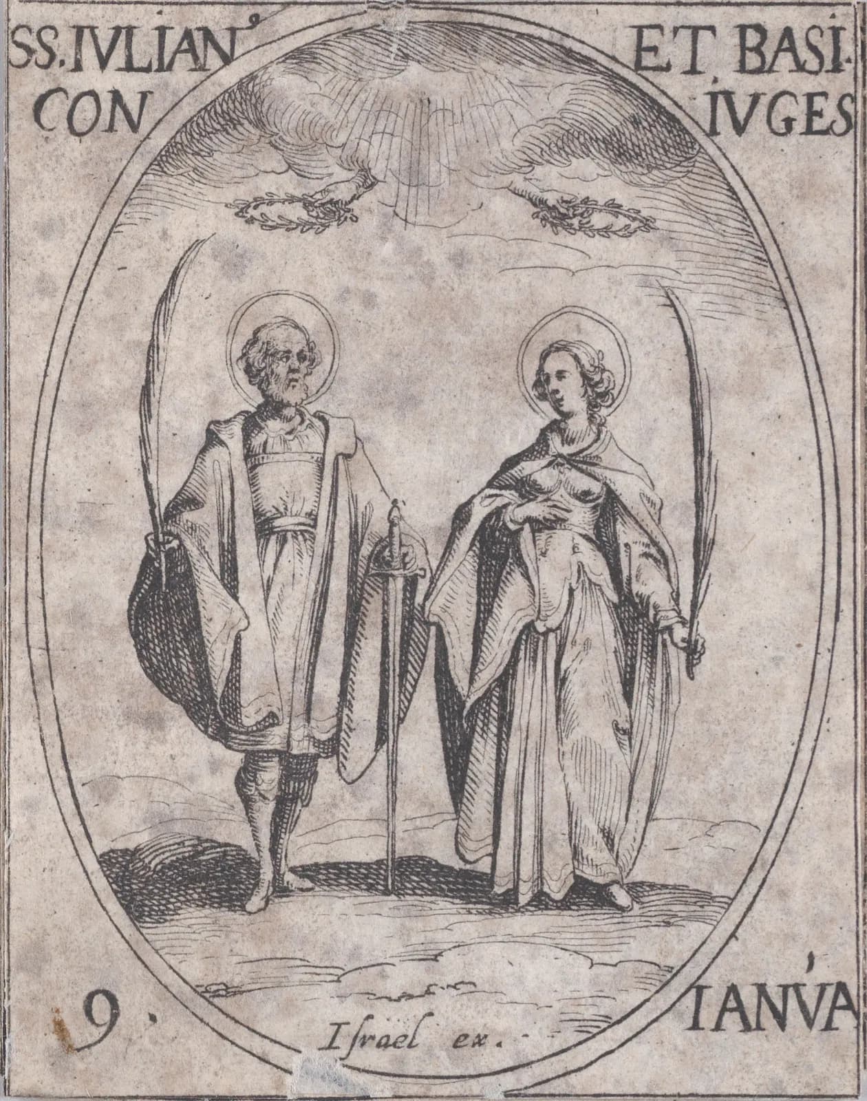 Small seventeenth-century etching in an oval frame of a bearded haloed man holding a palm branch and resting his hand on a sword, standing beside a haloed woman holding a palm branch, with two wreaths held out from the clouds above them, inscribed SS. Iulian. et Basi. Coniuges and 9 Ianua.