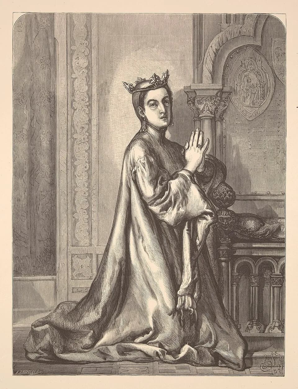 Wood engraving of Saint Kinga kneeling in a long mantle and a small crown, hands joined in prayer, beside a carved tomb in a Romanesque church