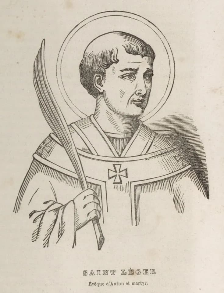 Nineteenth-century engraving of the head and shoulders of a tonsured, beardless man with a halo, wearing a chasuble with a cross on the breast and holding a palm branch, captioned Saint Léger, Évêque d'Autun et martyr