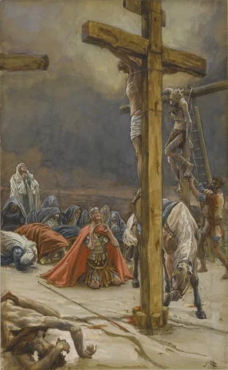 Watercolor of the crucifixion seen from the foot of the cross: a Roman soldier in armor and a red cloak kneels looking up at Christ, his spear lying on the ground before him, with weeping women behind him, a white horse beside the cross and a man on a ladder at the cross of one of the thieves