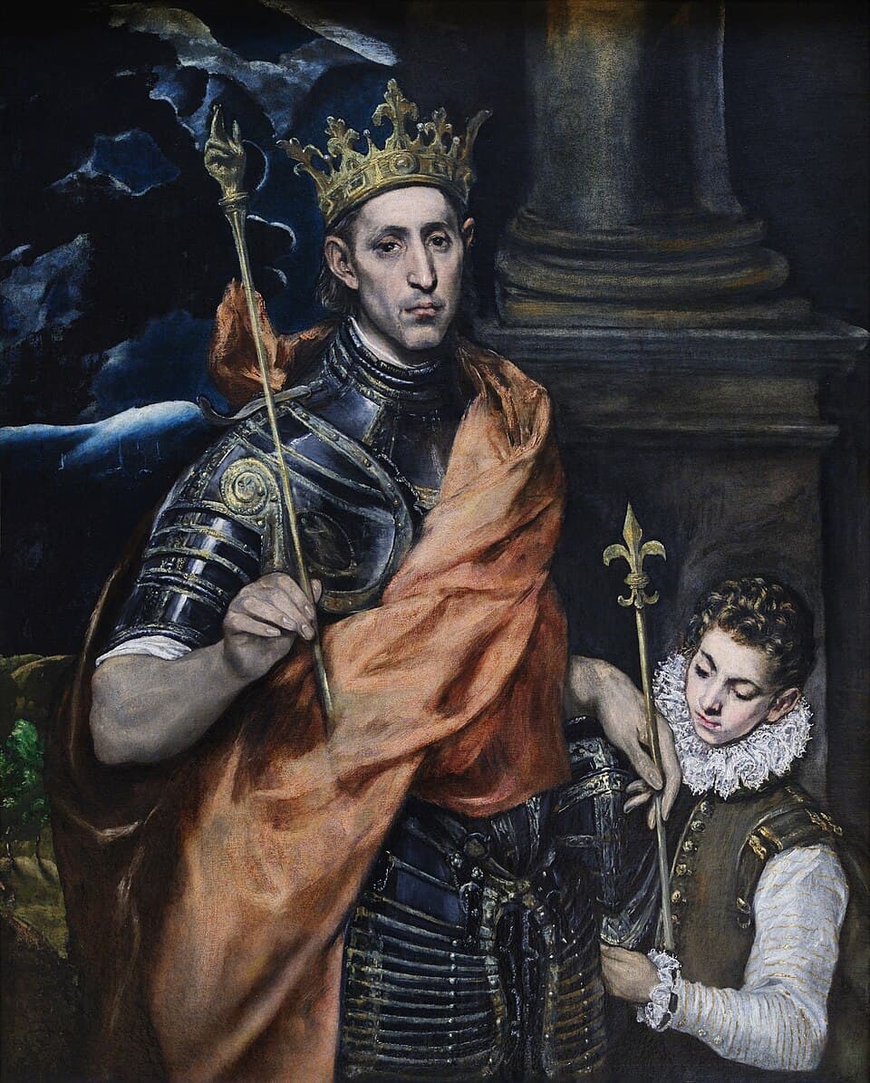 Saint Louis in dark armor and a gold crown, an orange cloak over one shoulder, holding a scepter, with a young page in a white ruff holding a staff topped with a fleur-de-lis