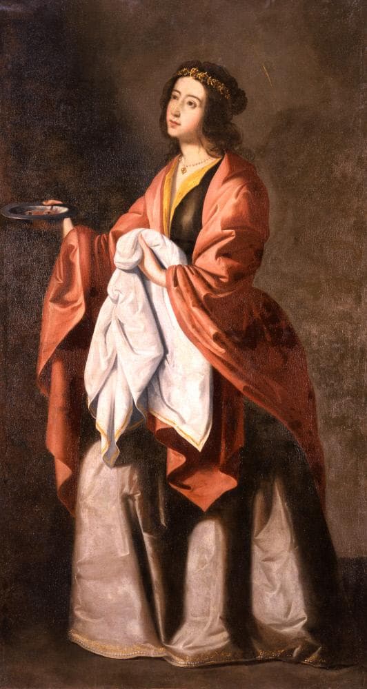 Saint Lucy in a red cloak, holding a small dish with two eyes on it, painted by Francisco de Zurbarán