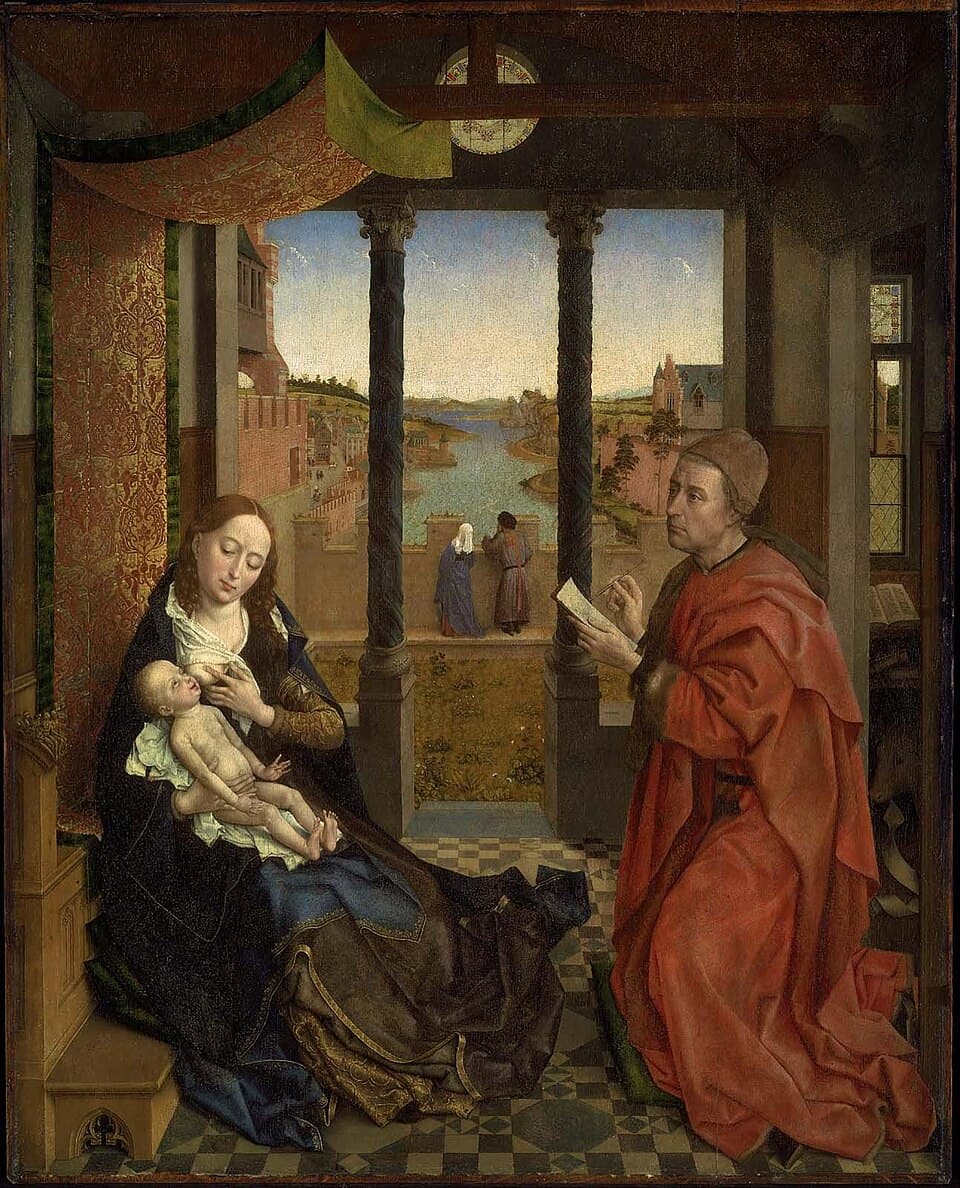 Rogier van der Weyden's painting of Saint Luke in a red robe, kneeling to sketch the Virgin Mary as she nurses the Christ Child, with a river landscape seen through the columns behind them