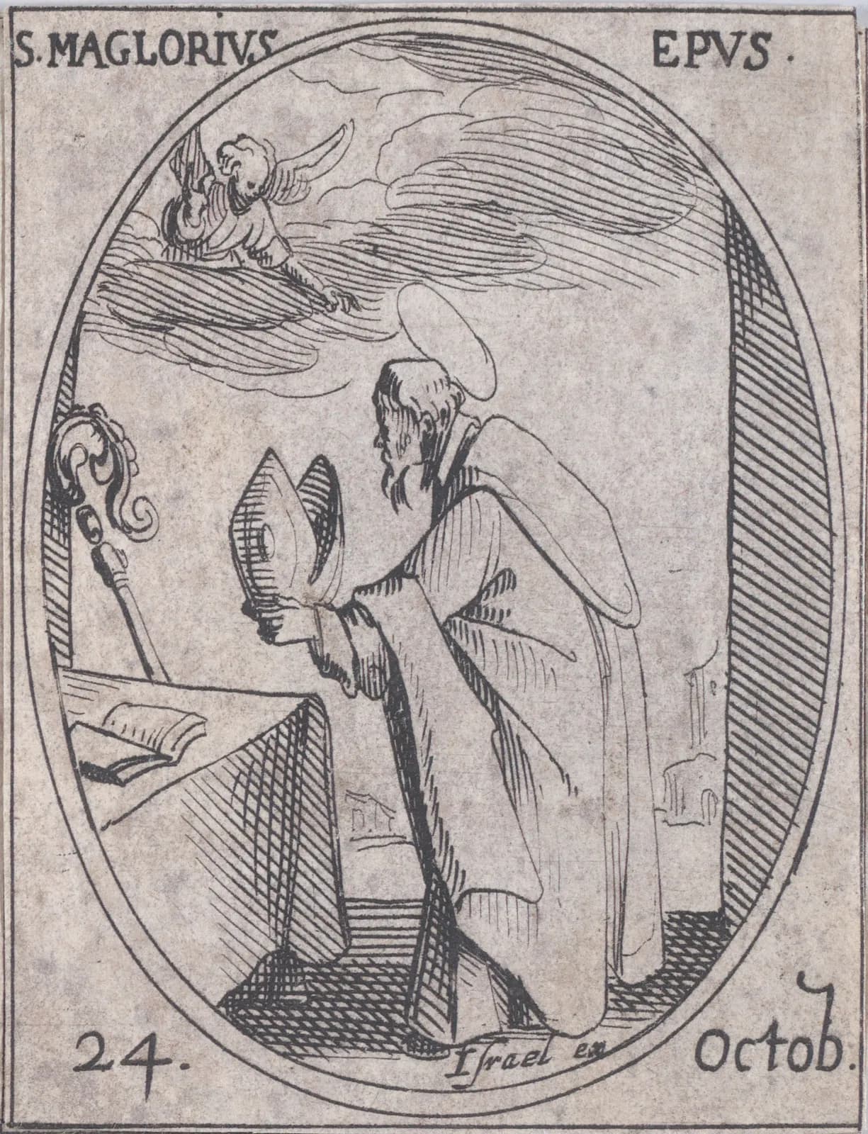 Small seventeenth-century etching in an oval frame of a bearded bishop with a halo bowing at an altar with his miter in his hands, his crozier leaning against the altar beside an open book, while an angel reaches down to him from the clouds, inscribed S. Maglorius Epus and 24 Octob