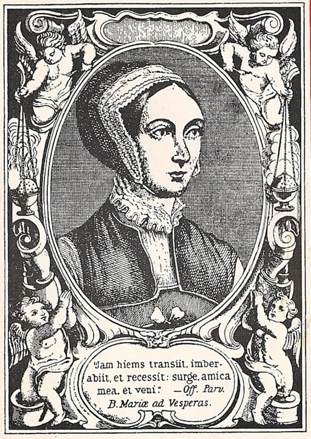 Engraved portrait of Margaret Clitherow in a close cap and ruffed collar, framed in an oval surrounded by cherubs swinging censers, above a Latin inscription from the Song of Songs