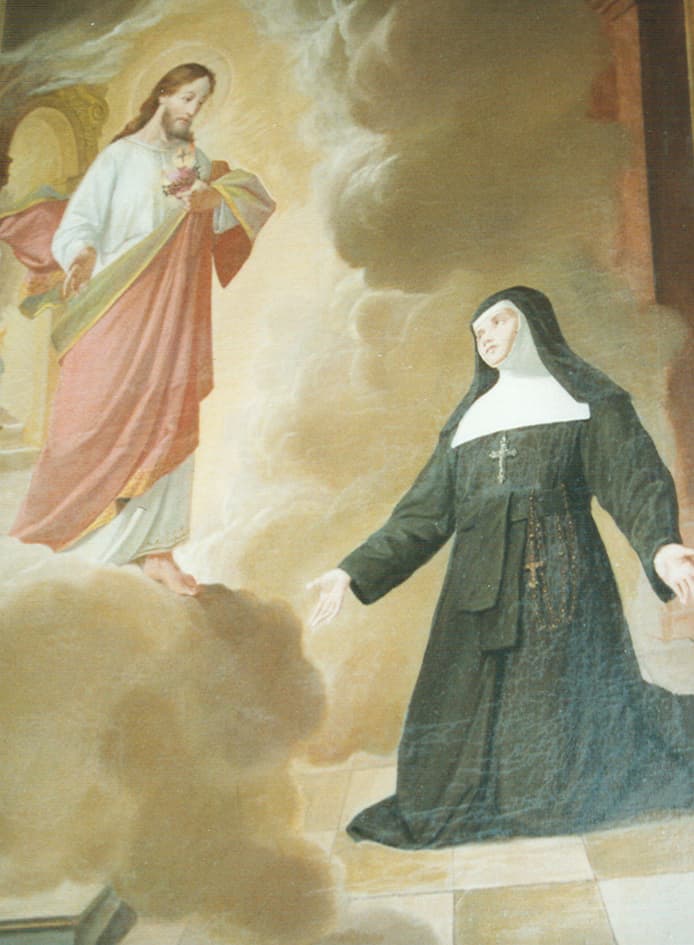 A painting of Margaret Mary Alacoque as a Visitation nun in black veil and white wimple, kneeling with her hands open, a radiant heart before her