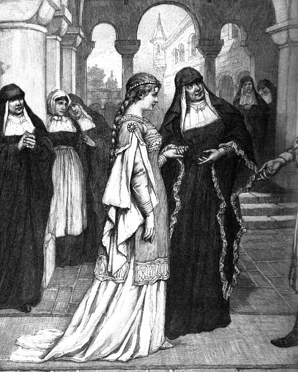 Black-and-white engraving of a young woman with long braids and a jeweled circlet, in a flowing gown, being led by an older nun through a cloister past a group of veiled sisters, while a man's hand reaches toward them from the right