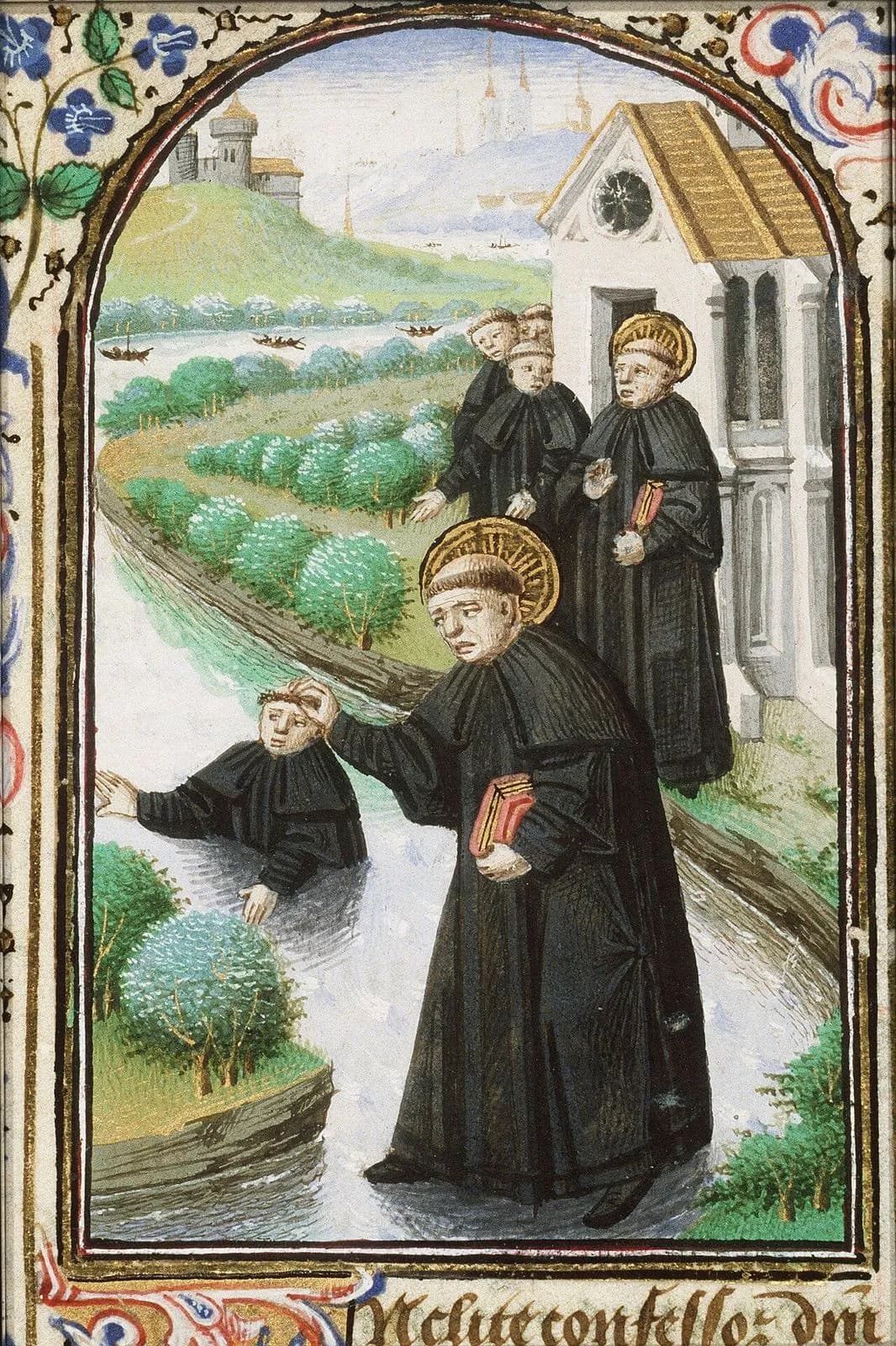 Fifteenth-century manuscript miniature of a haloed monk in a black habit standing on a river and pulling a young monk out of the water by the hair, while a haloed abbot and other monks watch from the door of a church, with a castle on a green hill behind