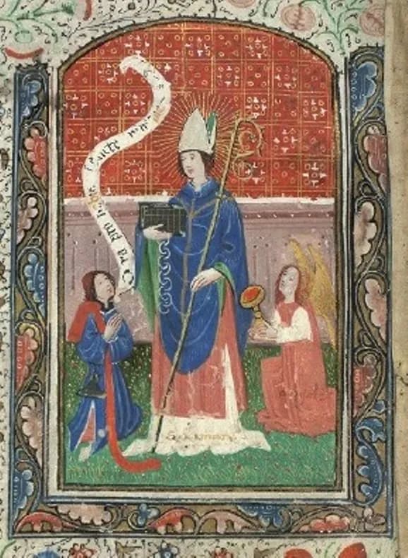 Medieval manuscript painting of Saint Ninian as a bishop in a white mitre and blue chasuble, holding a book and a crozier, with a man in blue kneeling at his right beneath a scroll and an angel kneeling at his left holding a gold cup, against a red patterned background